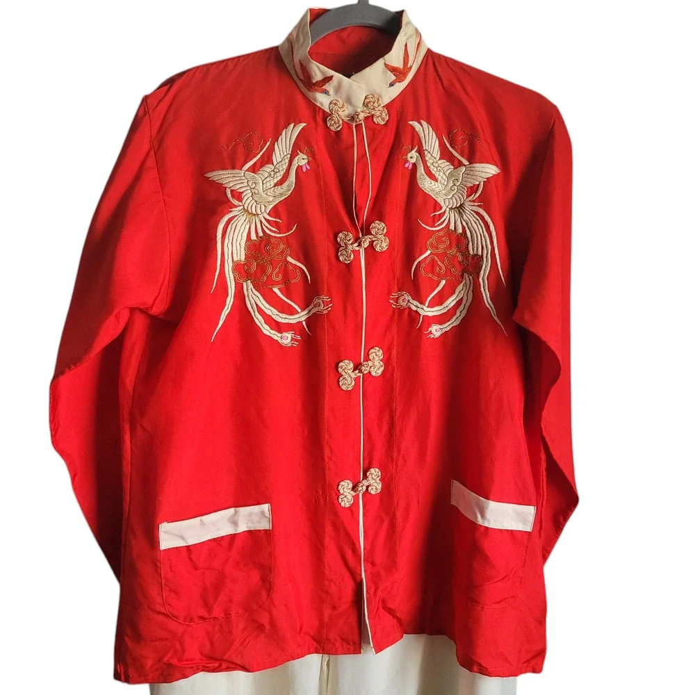Vintage 1949 Japanese Crane Embroidered Silk Pajama Set Red M/L